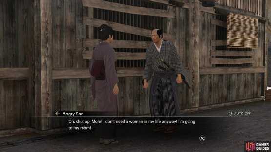 Along the East Umekojicho section of Rakugai you&rsquo;ll find a &ldquo;Flustered Mother&rdquo; arguing with her &ldquo;Angry Son&rdquo;,