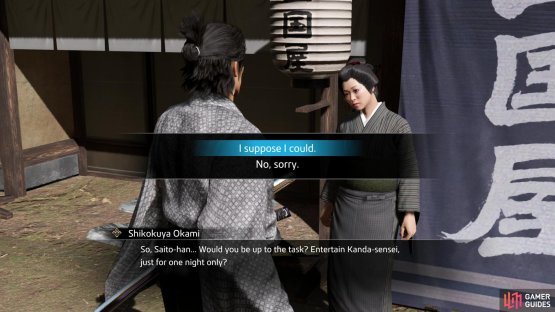 where a woman named Shikokuya Okami will hire you to entertain an artist named Kanda.