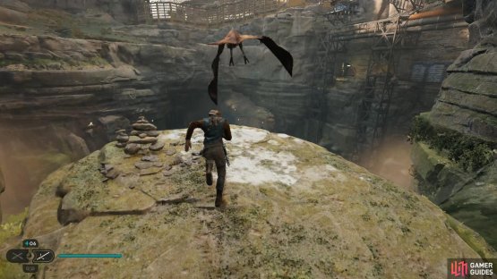 Use your tamed bird to cross this chasm in Riverbed Watch to start the Research Talanor on Koboh mission.