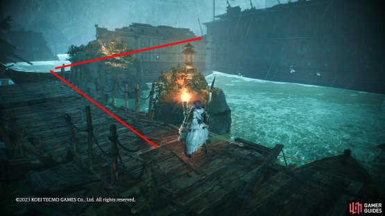 From the Corrupted Battle Flag with the alligator. Climb the ladder onto the boat on the opposite side. Follow the pier to the right.
