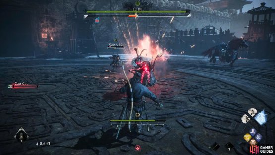 Lu Bu will charge at you while his fiery weapon trails behind him. Run up to him, and use deflect as you approach him.