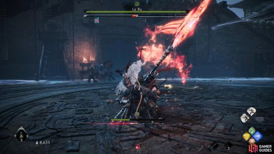 Lu Bu will often perform multiple-hit combos while his weapon is on fire. Fortunately you can stop this by sealing it with Water Spells.