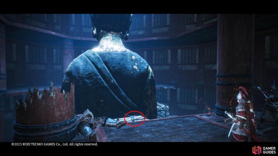 Make your way up the platforms until you can see the Shitieshou behind the large statue, Jump across to reach it.