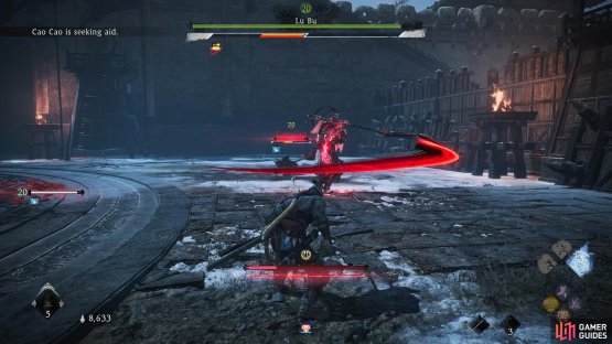 Lu Bu will spin around before unleashing a forward thrust. Deflect just as the thrust is about to reach you.