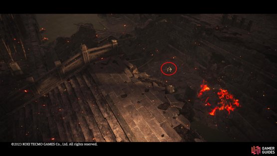 Go back on yourself to the nearby broken bridge and drop down into the shallow water to find the Shitieshou.