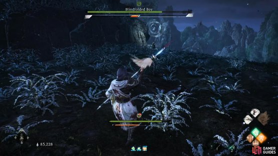 Blindfolded Boy will conjure up several swords before unleashing them consecutively.