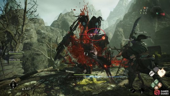 You&rsquo;ll see status effects on enemies just below their health and Spirit bar, as shown here circled in red.