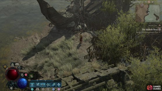 the Lilith Statue is leaning against a shipwreck, shrouded by some roots.