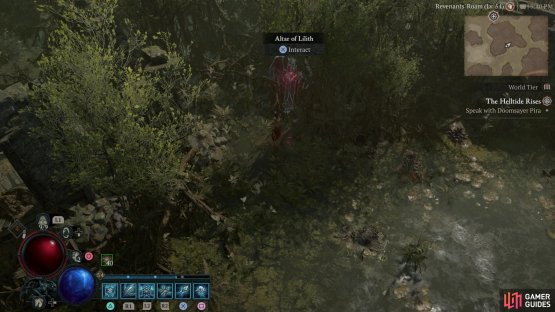 and search along the southern end of some ruins to find this Lilith Statue hidden behind some foliage.