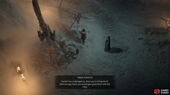 Talk to !Greganoch and he&rsquo;ll task you with retrieving the head of !Kauller the Collector, a khazra brute menacing the mountains.