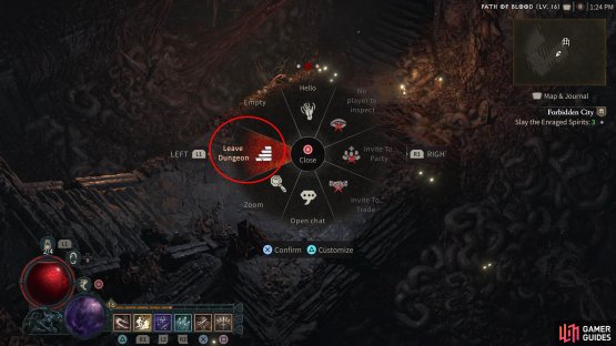 In larger maps, you may want to use the &ldquo;Leave Dungeon&rdquo; shortcut in the Action Wheel.