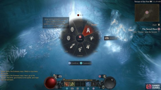 At the second brazier, select the &ldquo;Thanks&rdquo; emote to continue on.