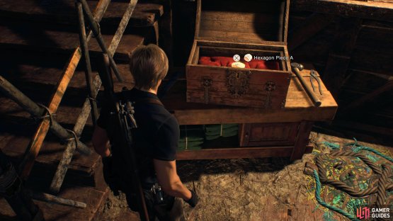 and open up the chest opposite the merchant to find Hexagon Piece A.