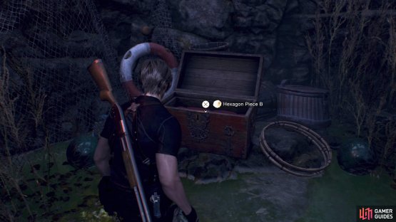 Hexagon Piece B will be in a Treasure Chest in the water. You&rsquo;ll need to go under the nearby walkway to get to it.