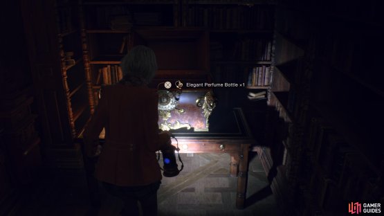 Turn right again at the end, and follow it north, and crouch under the bookcase to find the Elegant Perfume Bottle in the chest.