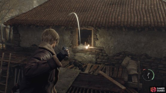 Be ready to throw the hand grenade when you see a lot of villagers at the window.
