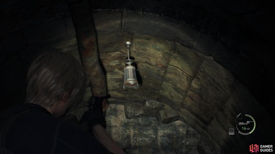 Look up to find a silver container. Shoot it to release the Red Beryl.