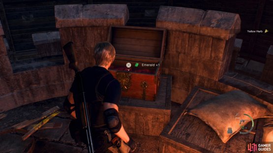Make your way across, and climb the ladder to reach the top of the tower where you&rsquo;ll find a chest containing the Emerald.