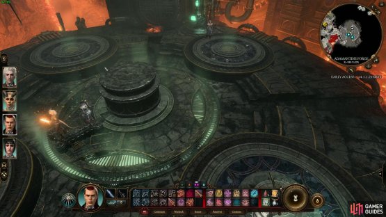Have one character at the lava wheel, another at the lever, and one at the mould spot to use as bait. Position your fourth character alongside the level or the mould character and use them as support, depending on your party setup.