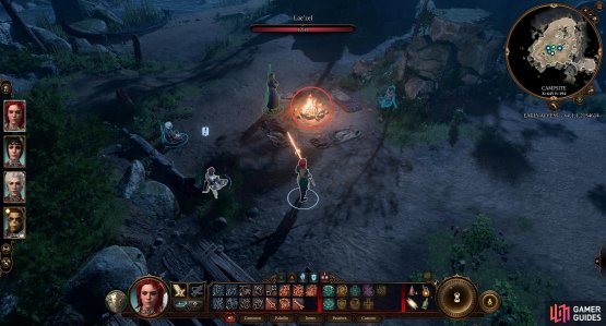 Interact with the campfire at camp,
