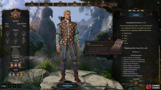 During character creation, Bards can pick between several musical instruments.