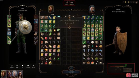 You can see your current attitude rating by hovering over the bar in the bottom right, or switch between trade and barter in the top center.