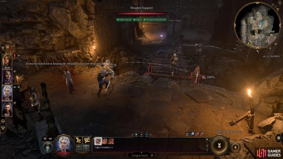 You can shoot the wooden support at the end of the bridge to cause it to collapse when Minthara is on it.
