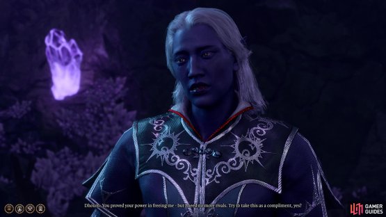 Dhourn, if he survives, will talk to you after the Spectator is defeated, and his long stint as a statue hasn&rsquo;t tampered his suicidal greed.
