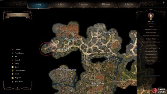 The location of Waukeen&rsquo;s Rest, in the far northwest of the Wilderness map.