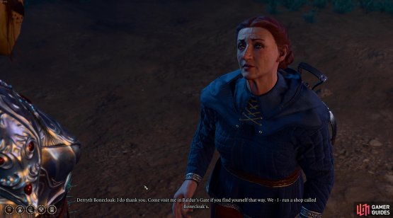 in return she&rsquo;ll mention that you can visit her in her shop in Baldur&rsquo;s Gate.