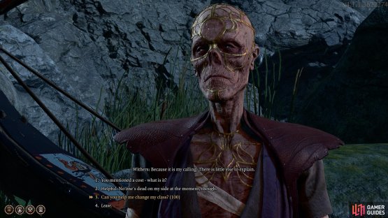 Rest in your camp outside, and you’ll find Withers. Talk to him to change your class and respec. He can also revive party members…for a price.
