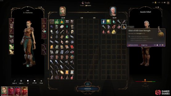 and you can purchase some Elixirs of Hill Giant Strength from her. 