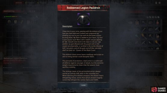 Click on the &ldquo;Info&rdquo; tab to learn more about a particular armor piece or set.