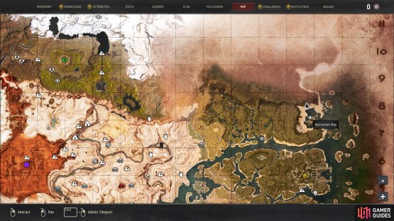 The location of Buccaneer Bay, in the far east of The Exiled Lands.