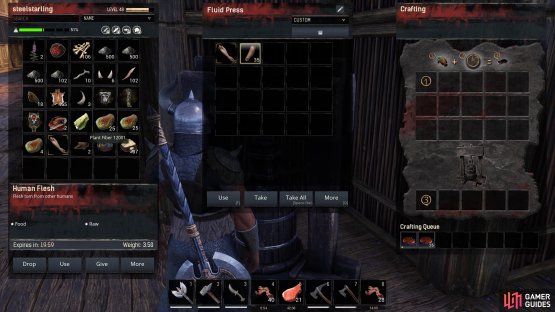 Place the fleshy body parts into the Fluid Press to produce blood.
