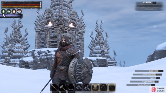 Weapons with the Cold Insulated perk, such as the Solspeil shield pictured here, will help to keep you warm even if you&rsquo;re wearing thin armor.