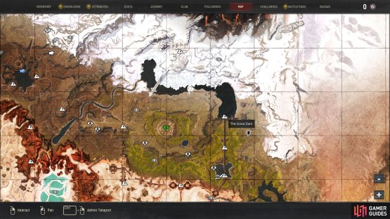 The location of the Rotbranch boss in relation to The Great Dam.