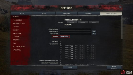 Go to the Server Settings tab in the main menu and select &ldquo;Make Me Admin&rdquo;.