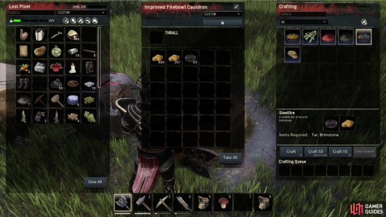 Crafting Steelfire in an Improved Firebowl Cauldron using Brimstone and Tar