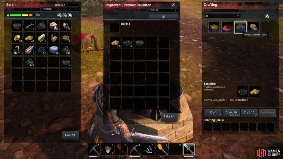then place Brimstone and Tar in it and opt to craft Steelfire.