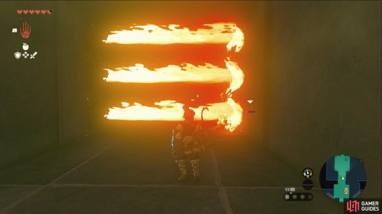 Pass through the fiery hallway by waiting for the flames to stop for a few seconds