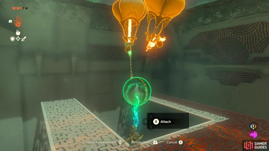 Head up the ladder and grab the boulder by detaching it from the flying contraption