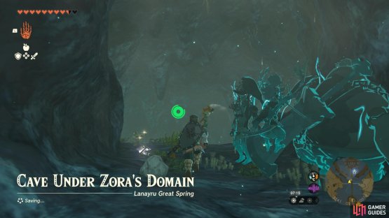 Locate the Cave Under Zora&rsquo;s Domain by passing behind the huge waterfall near the bridge