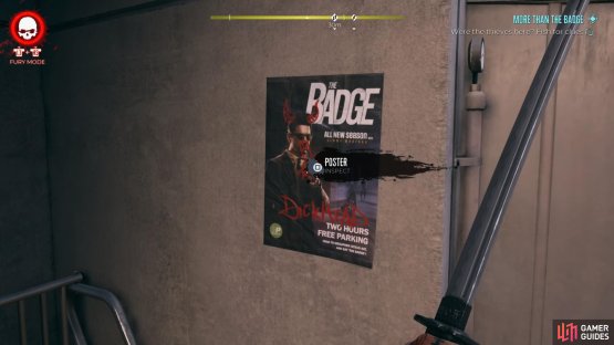 Interact with The Badge poster in the back left corner.