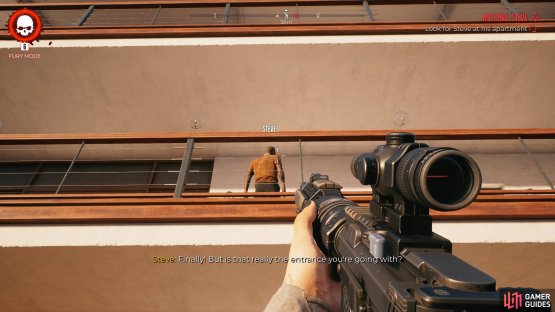 Look for Steve on the balcony of his apartment.