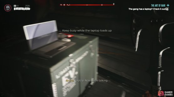 Activate the laptop and prepare to fight several waves of zombies.