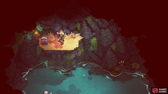 You should land on the high ledge in the cave, where you can loot the chest.