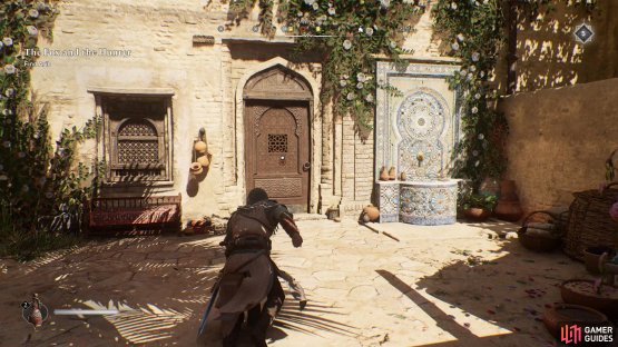 Interact with the door to listen in on Arib and the patron, triggering a cutscene.