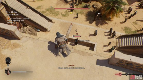 Climb to the beam and be ready to jump down to assassinate Al-Ghul.