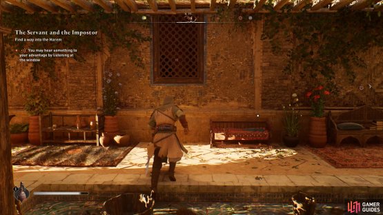 You need to eavesdrop on the conversation inside the Harem from the bench outside.